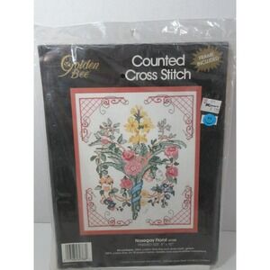 Golden Bee Counted Cross Stitch Kit Nosegay Floral  Flowers w/ frame sealed